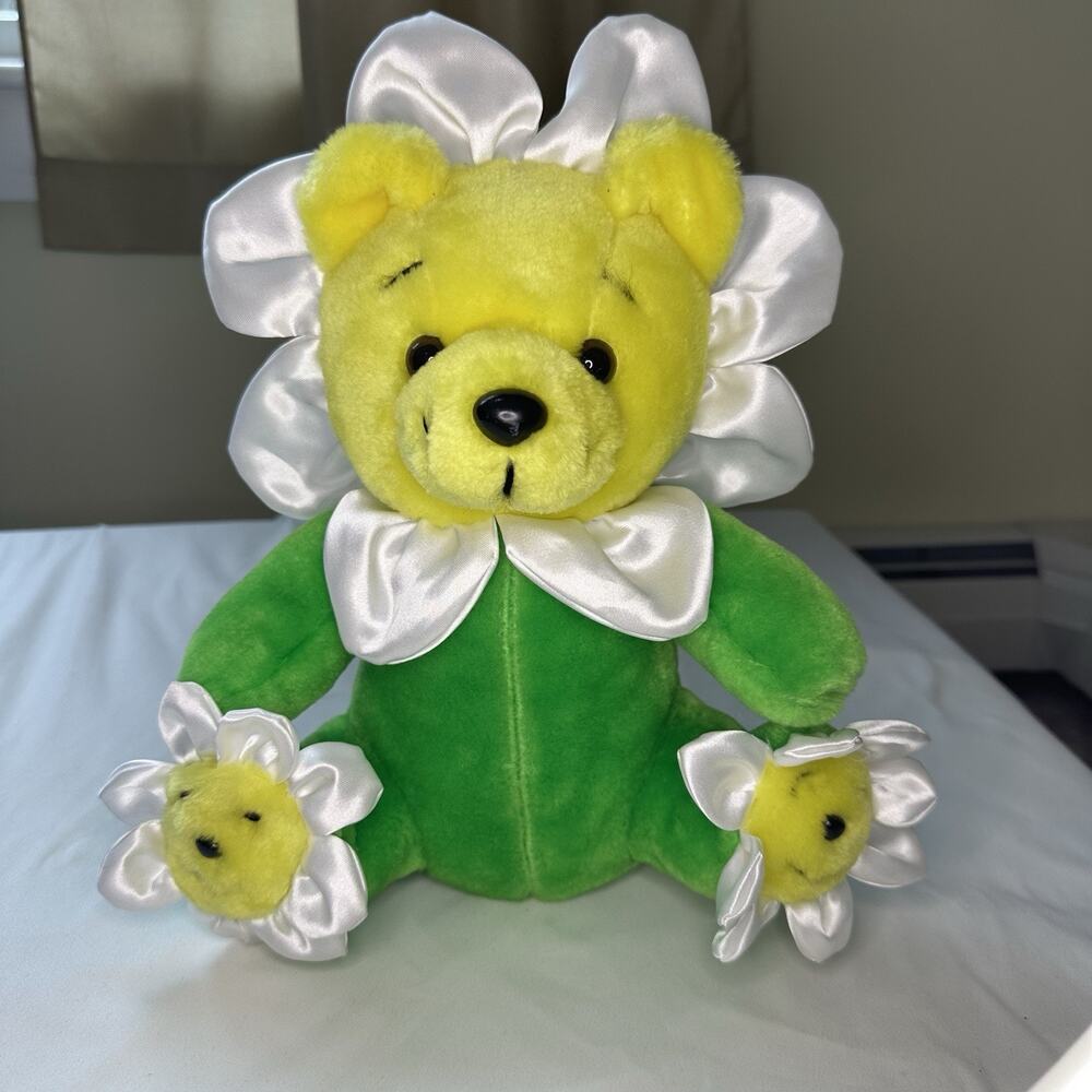 NANCO Vintage 2000 Bear Daisy Flower Plush Stuffed colorful Teddy Bear 10”